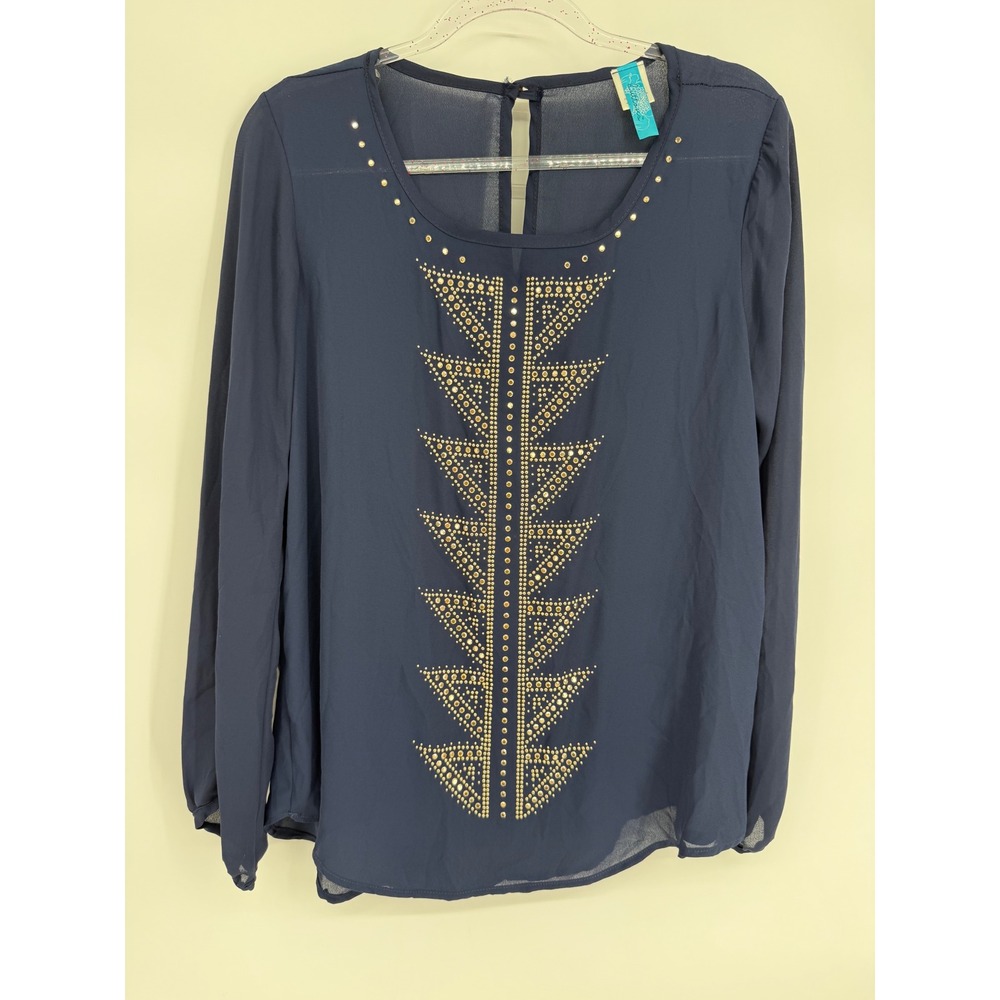 Buttons Navy Blue Studded Geometric Chiffon Blouse Long Sleeve Made in USA Sz L